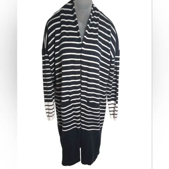 Cabi Boathouse Long Open Patch Pocket Cardigan Stripe Navy White Size Small - Picture 2 of 7